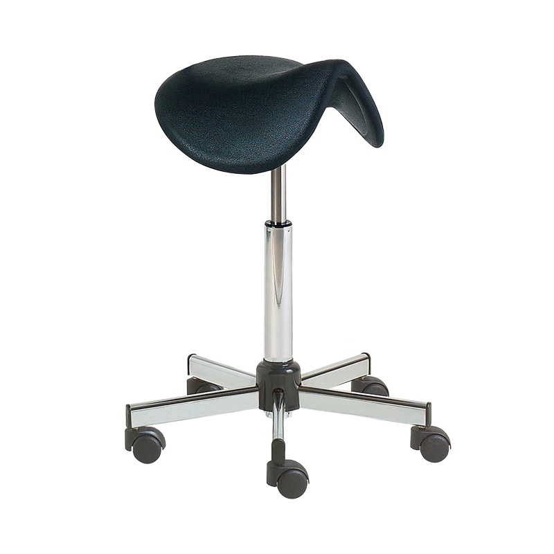 Stool with polyurethane saddle seat, chromed base