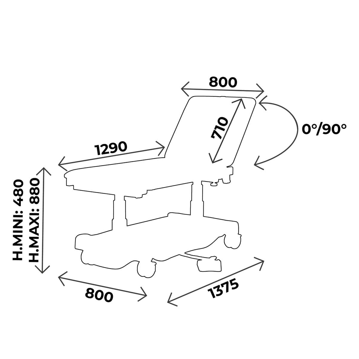 Examination couch width 70cm, multifunction pedal