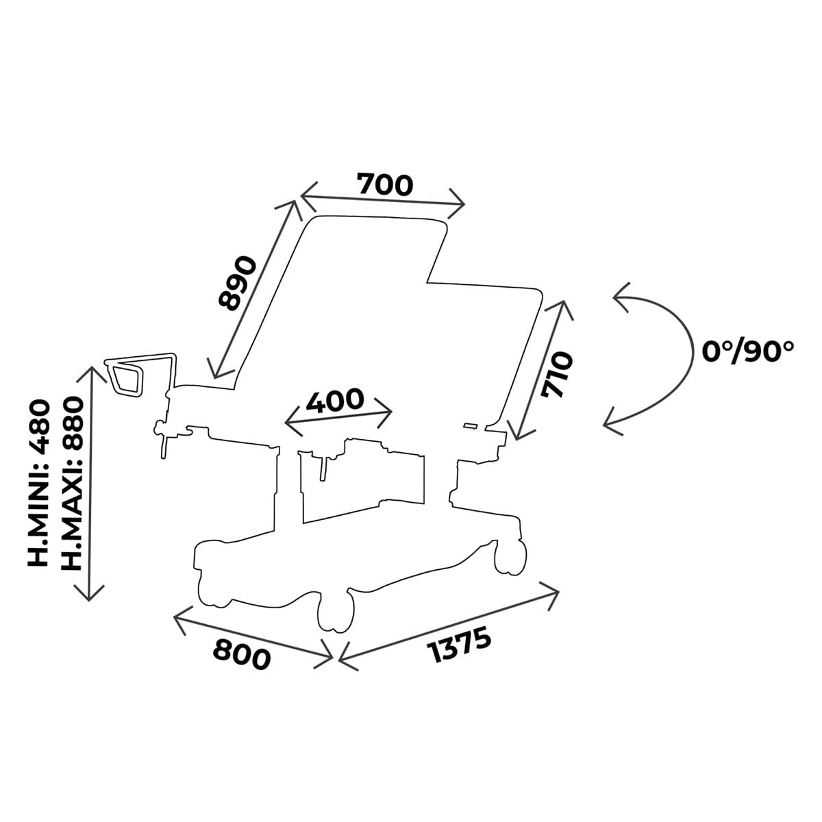 Examination couch width 700mm, hand remote