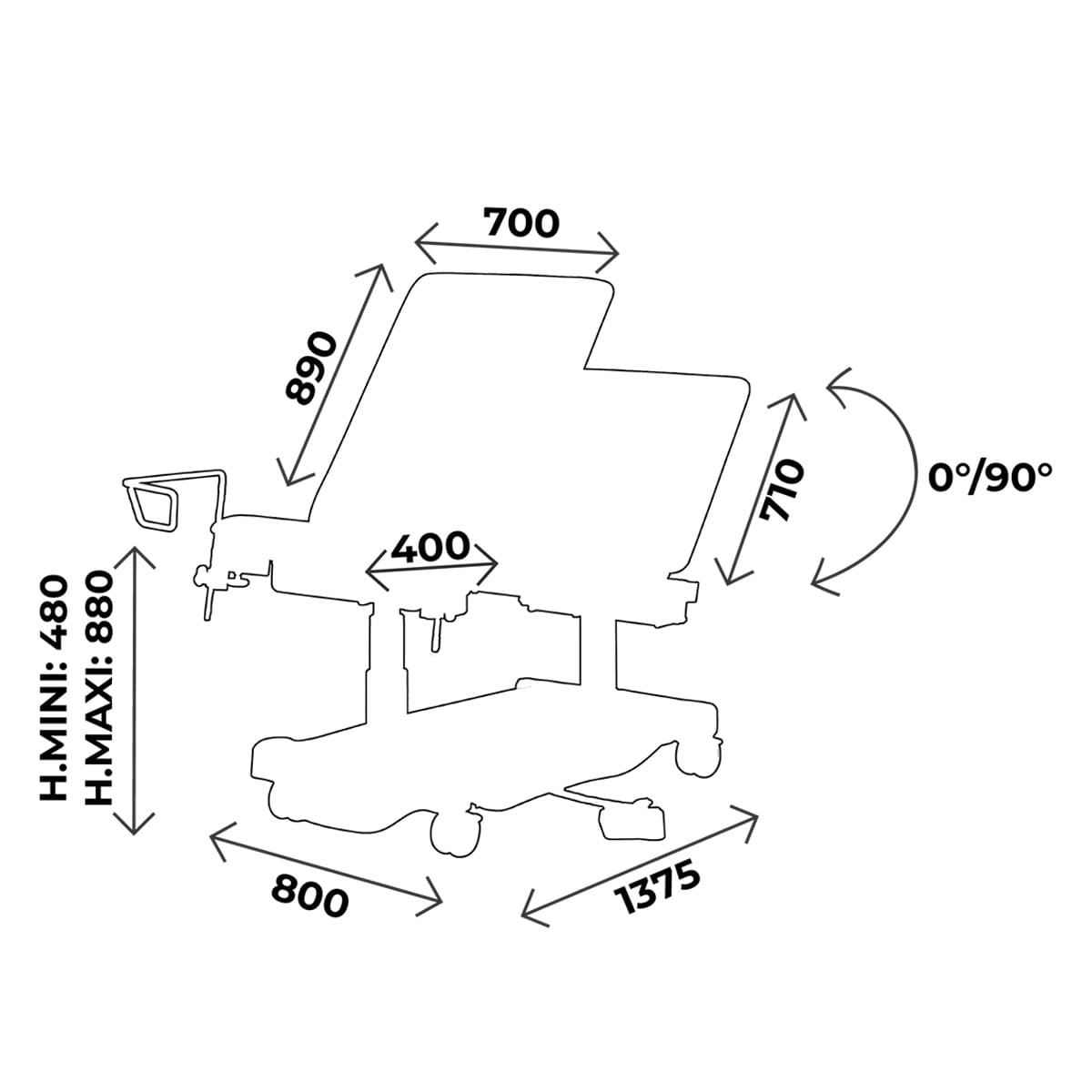 Examination couch width 700mm, multifunction pedal