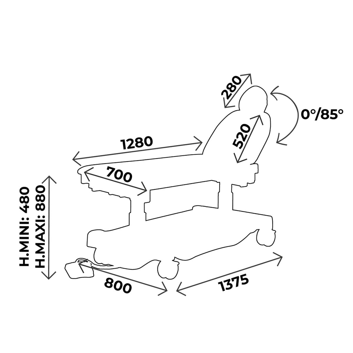 Examination couch width 70cm, multifunction pedal